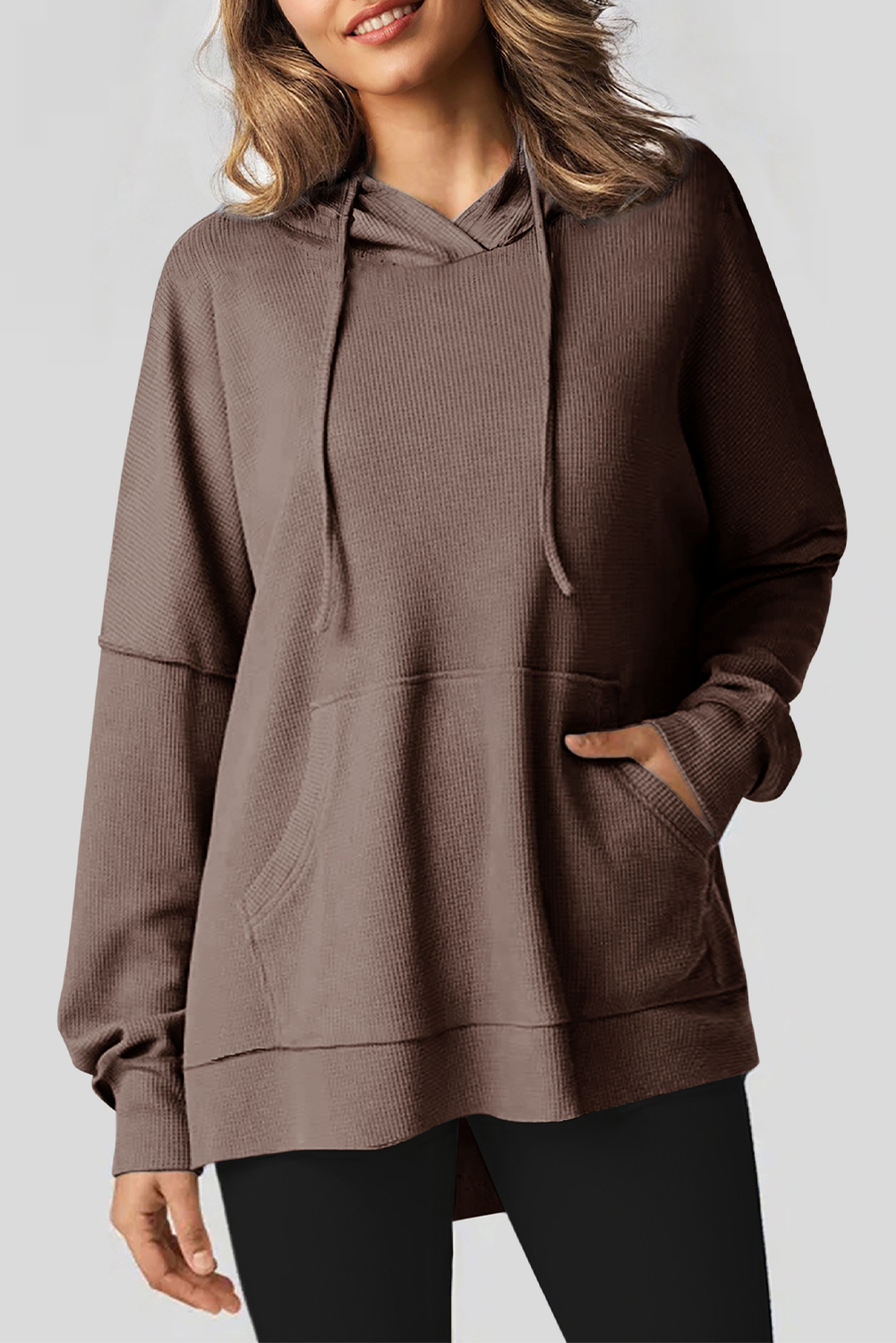 Shewin Wholesale Stores COFFEE Waffle Knit High Low Oversized Hoodie