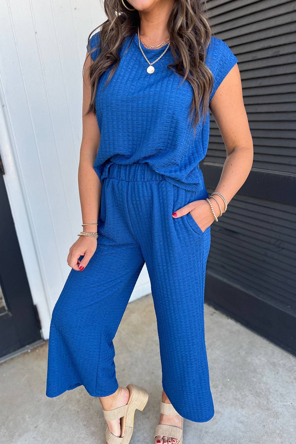 Sky Blue Textured Cap Sleeve Top and Wide Leg PANTS Set