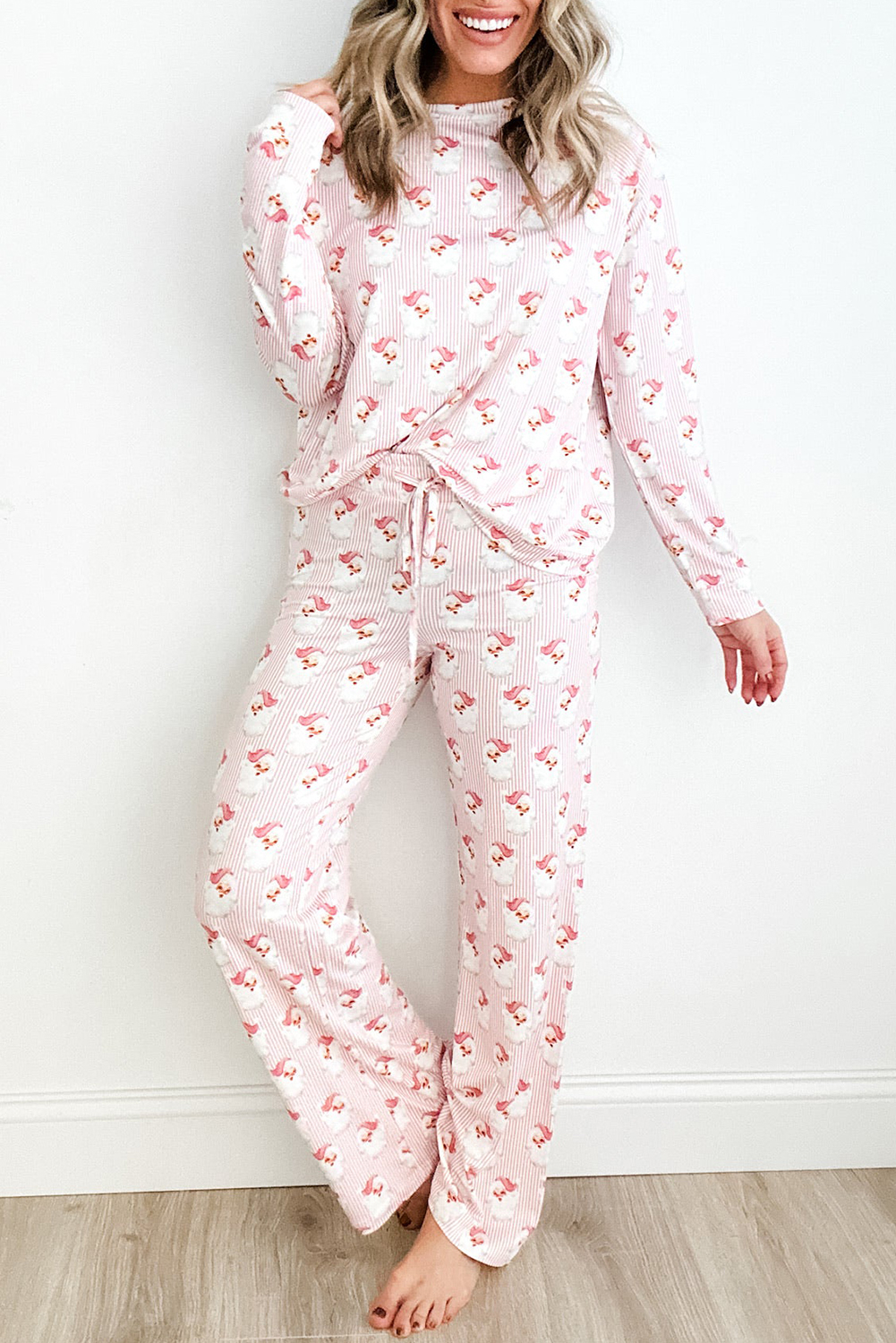 Shewin Wholesale Apparel Pink Santa Claus Striped Print Loose Fit Two PIECE Loungewear Set