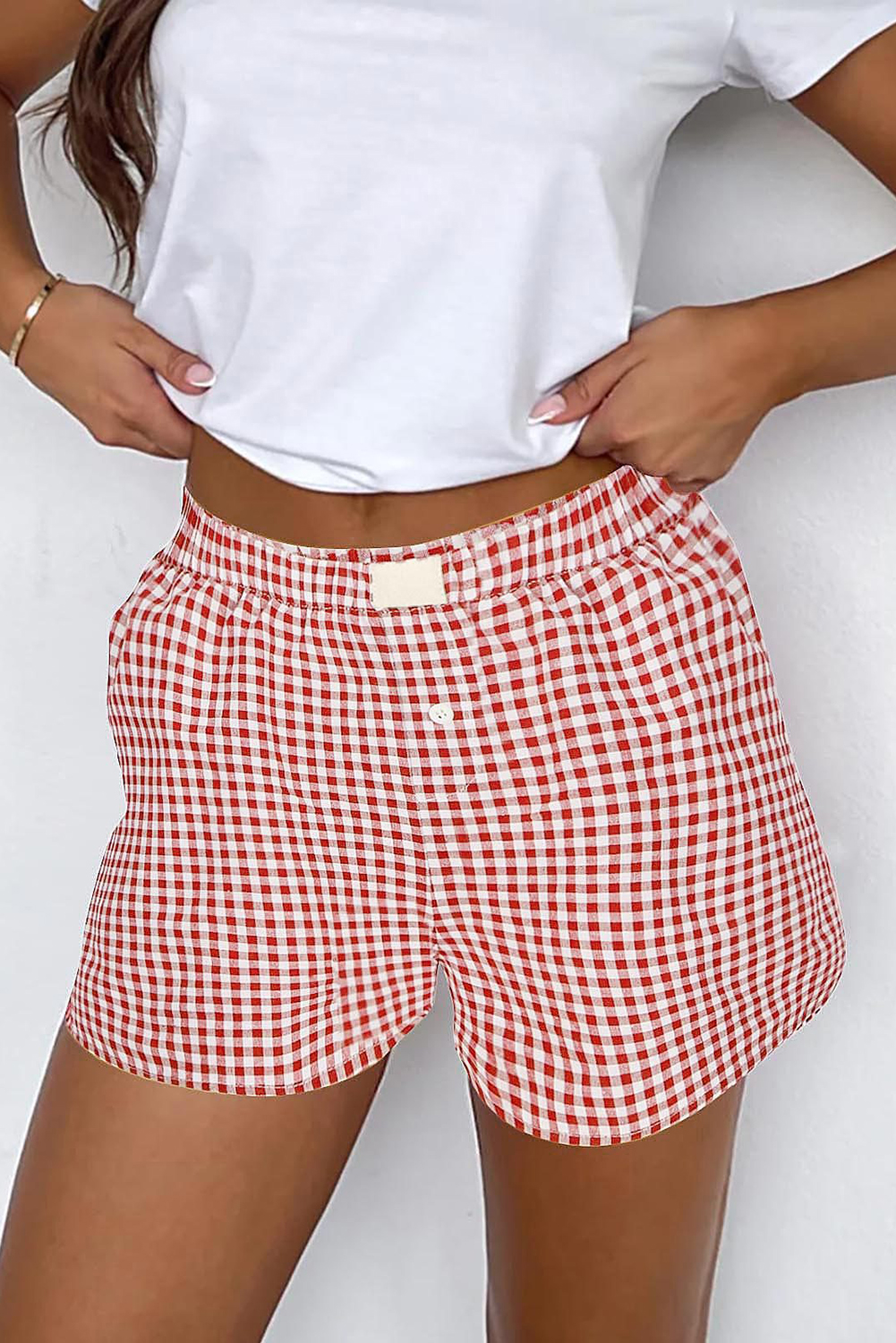 Shewin Wholesale Western Red VINTAGE Plaid Print High Waisted Loose Wide Leg Shorts