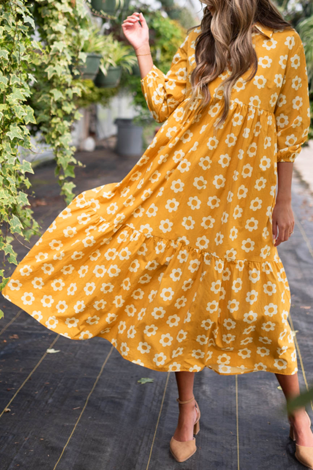 Yellow FLOWER Print Bracelet Sleeve Buttons Collared Maxi Dress