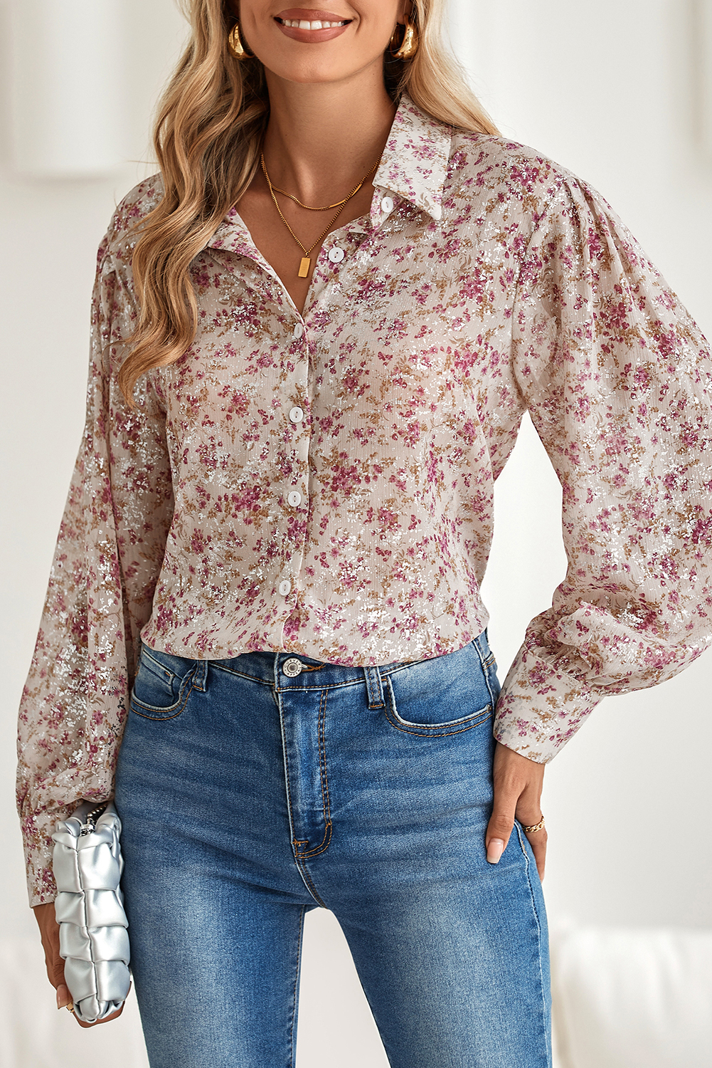 Shewin Dropshippers Pink Ditsy Floral Print Bishop Sleeve Collared V Neck SHIRT