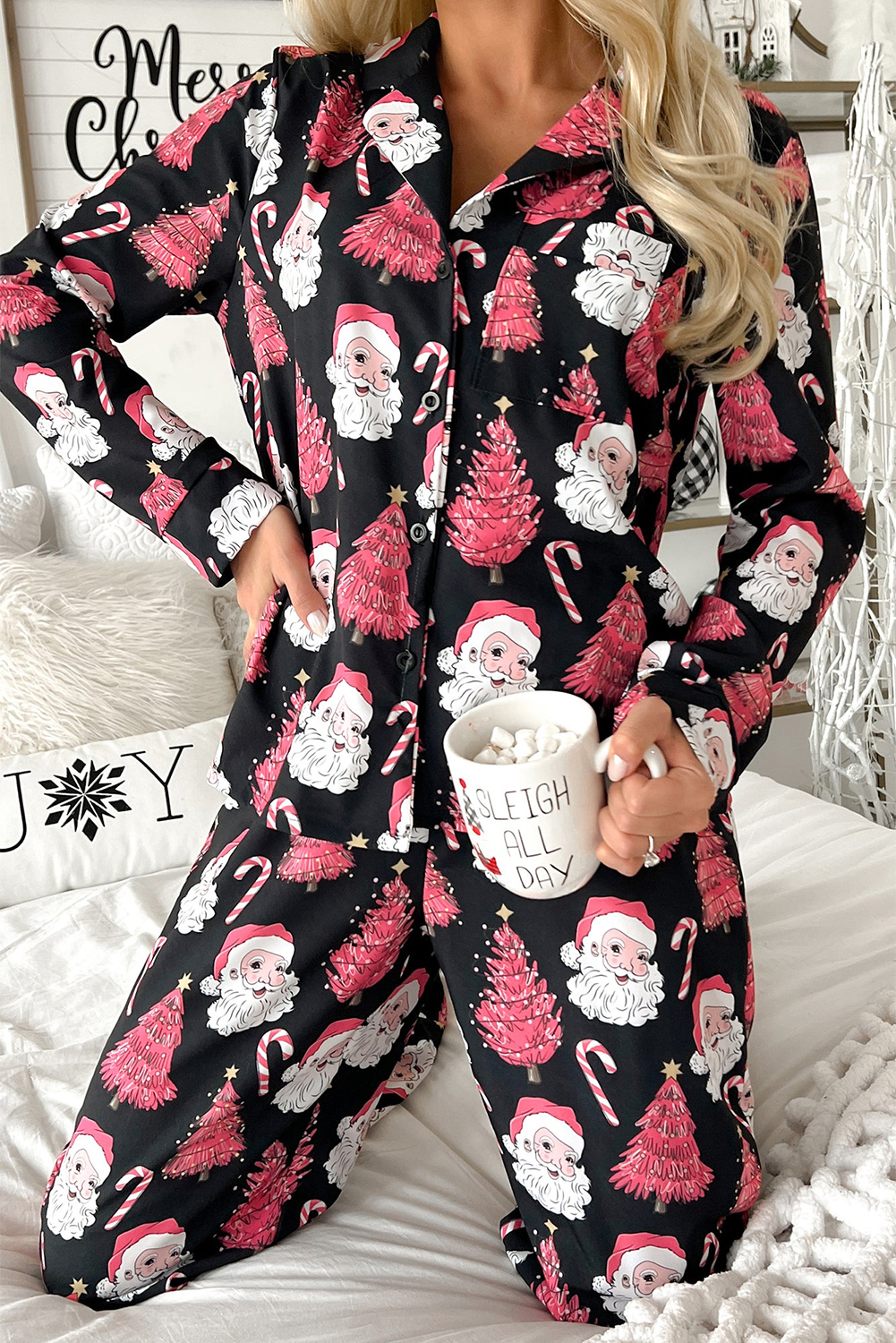 Black Christmas Santa Printed Two Piece PAJAMAS Set