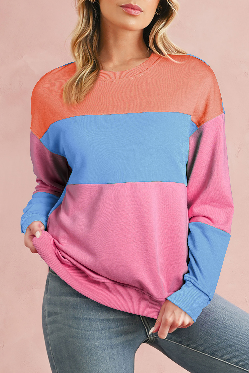 Shewin Dropshippers Bright Pink Colorblock Drop SHOULDER Sweatshirt