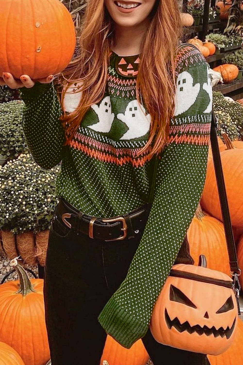 Jungle Green HALLOWEEN Ghost Pattern Drop Shoulder Sweater