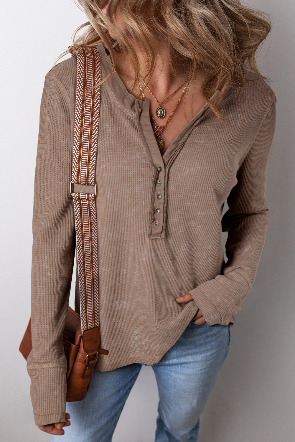 Shewin Wholesale Southern COFFEE Button V Neck Waffle Knit Top