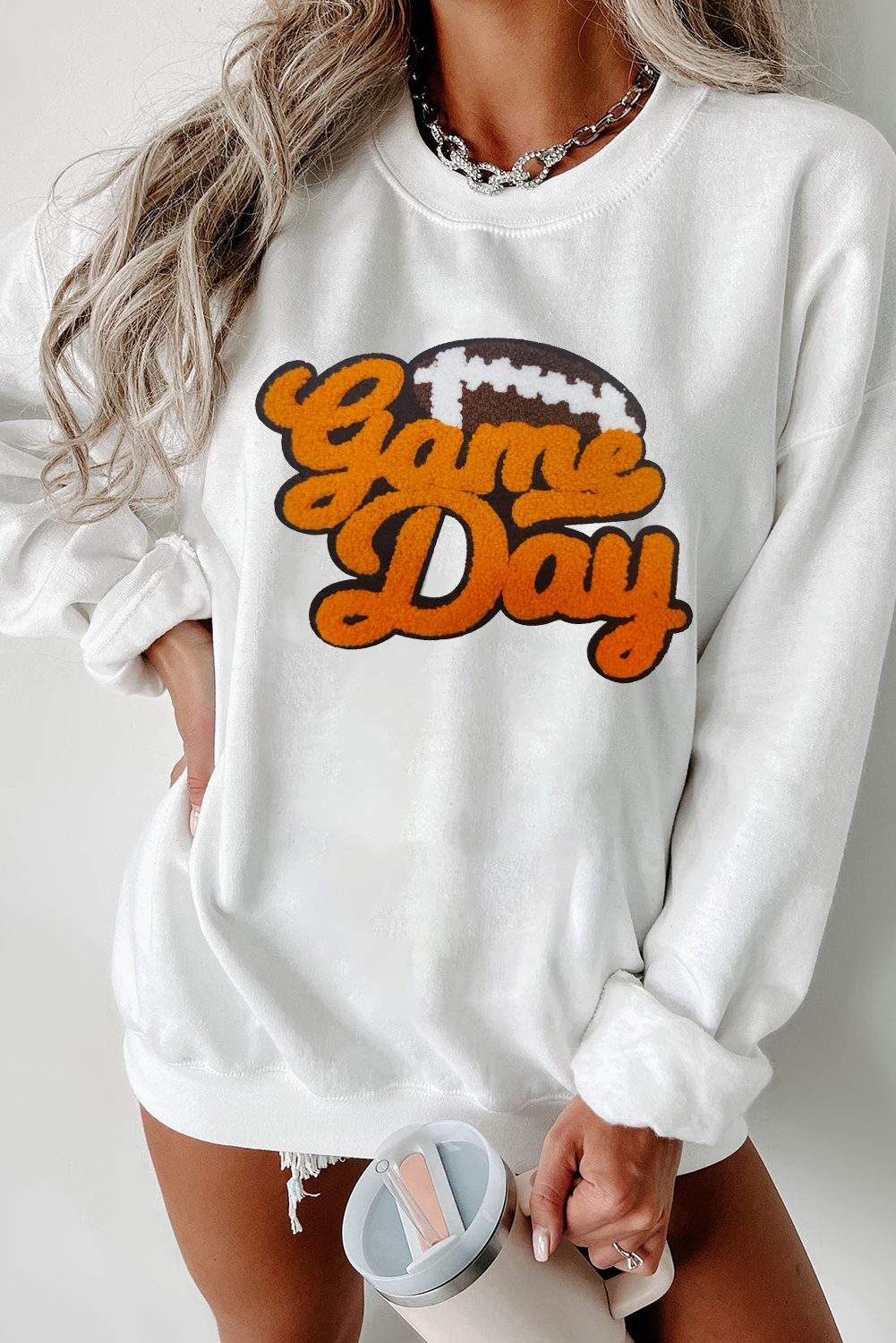 Shewin Wholesale Trendy White Chenille Game Day Rugby FOOTBALL Pattern Pullover Sweatshirt