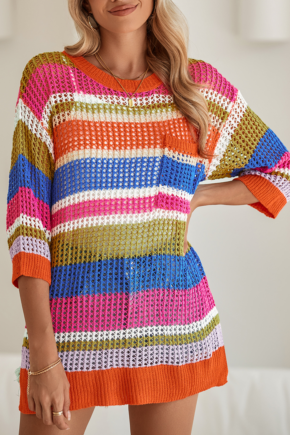 Shewin Wholesale Clothes Orange Striped Color Block Hollow Crochet 3/4 Sleeve T SHIRT