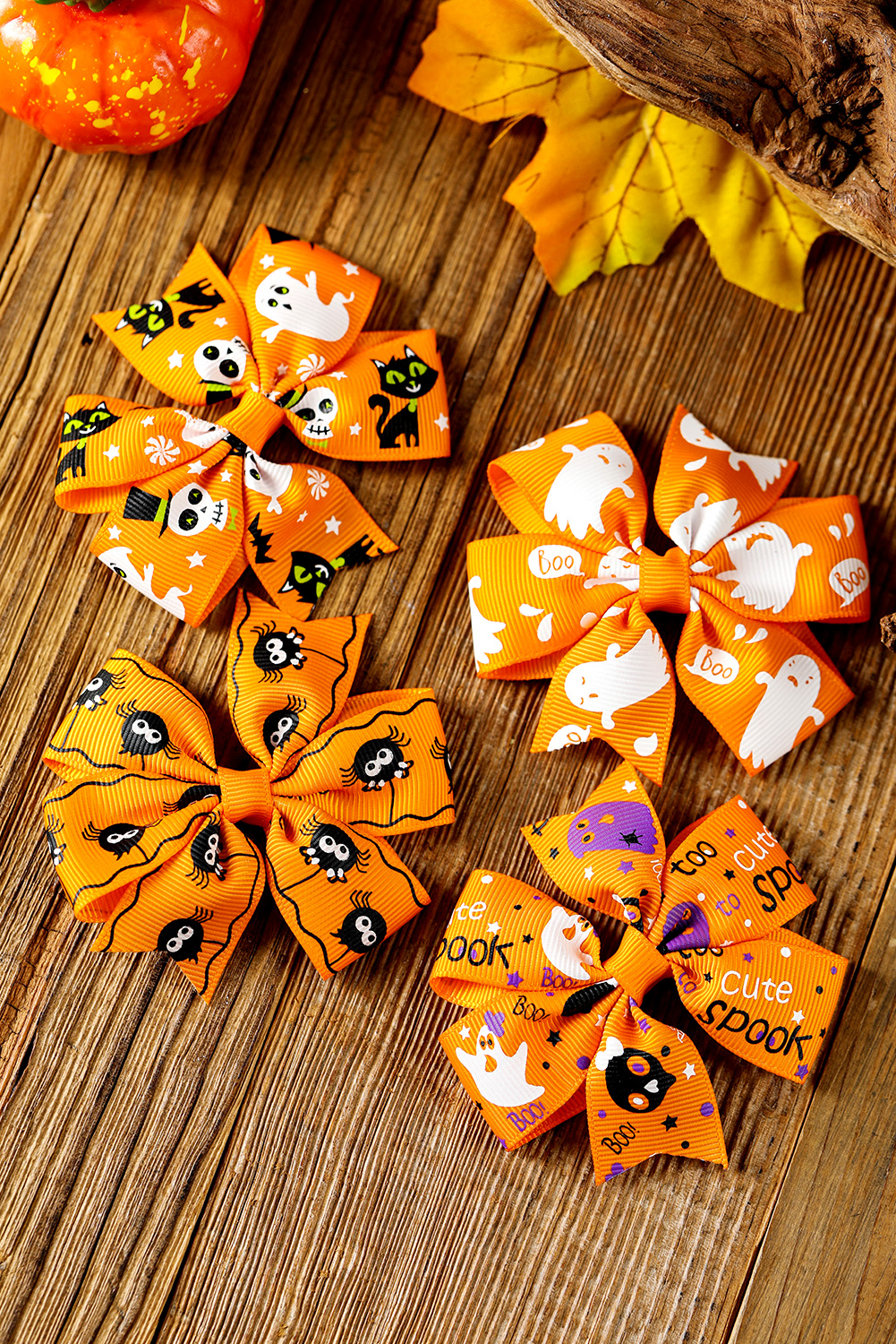 Citrus 4pcs Ghost Spider SKULL Print Halloween Bowknot Hair Clip Set