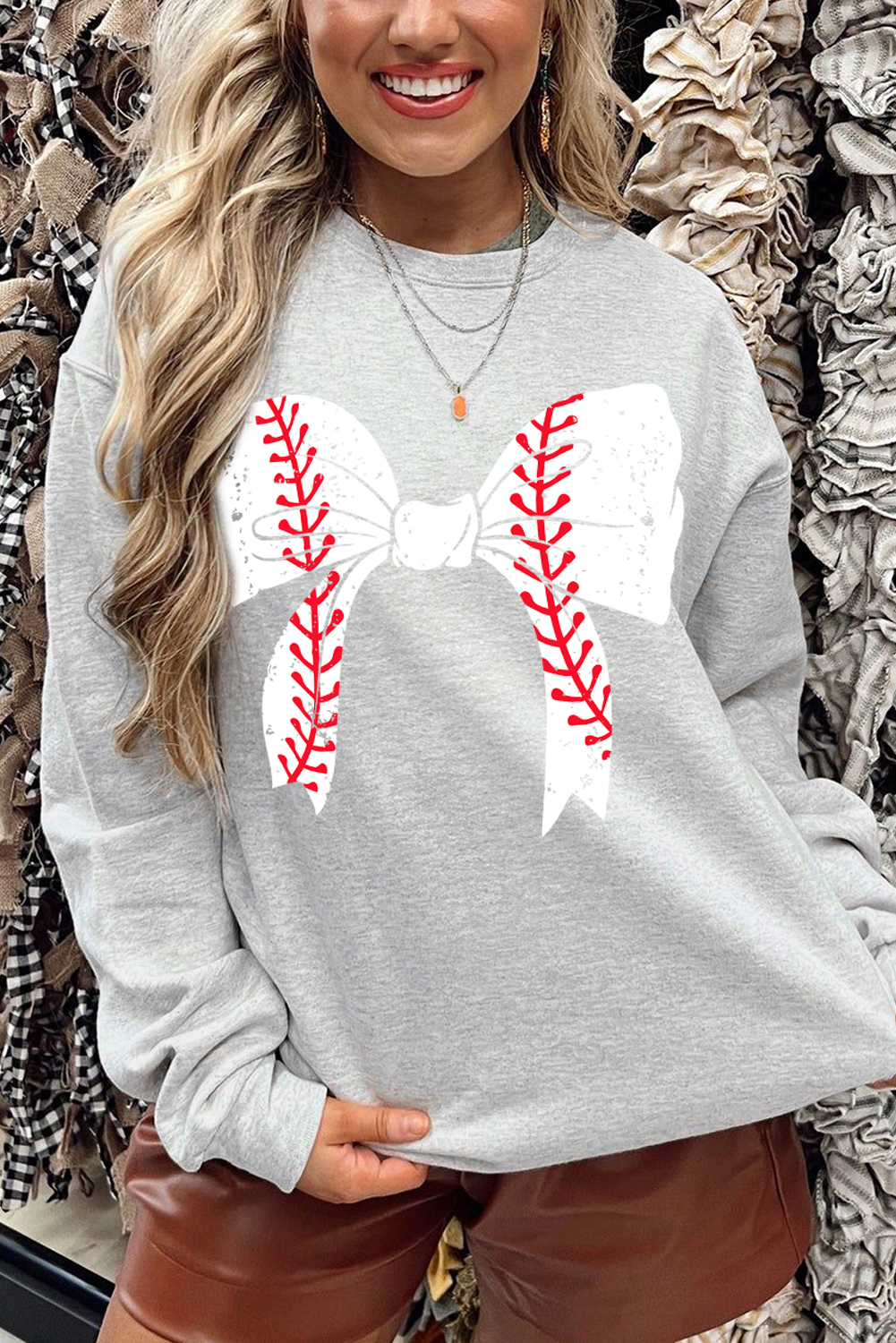 Gray BASEBALL Bow Knot Graphic Round Neck Sweatshirt