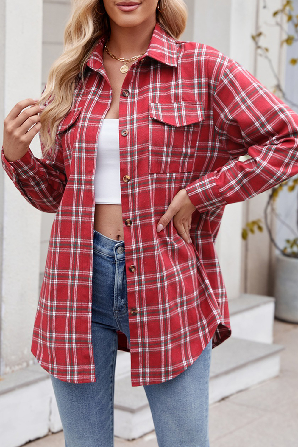 Shewin Wholesale Chic LADY Red Plaid Chest Pocket Button Front Shirt