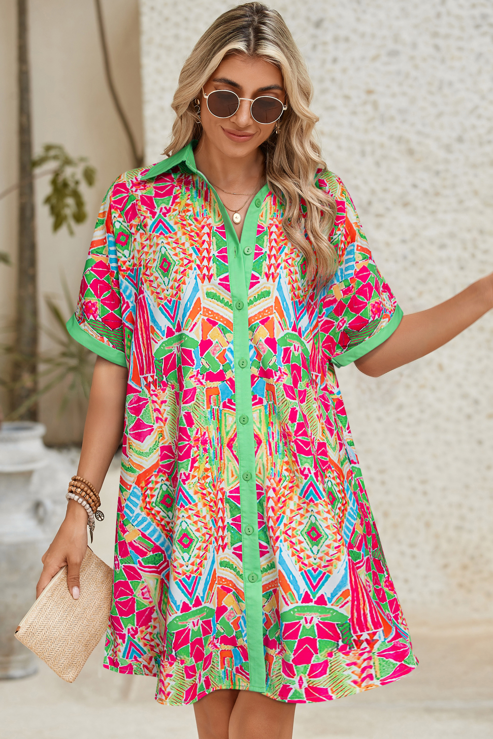 Shewin Dropshipping Orange Geometric Print Contrast Trim Short Sleeve Shirt DRESS