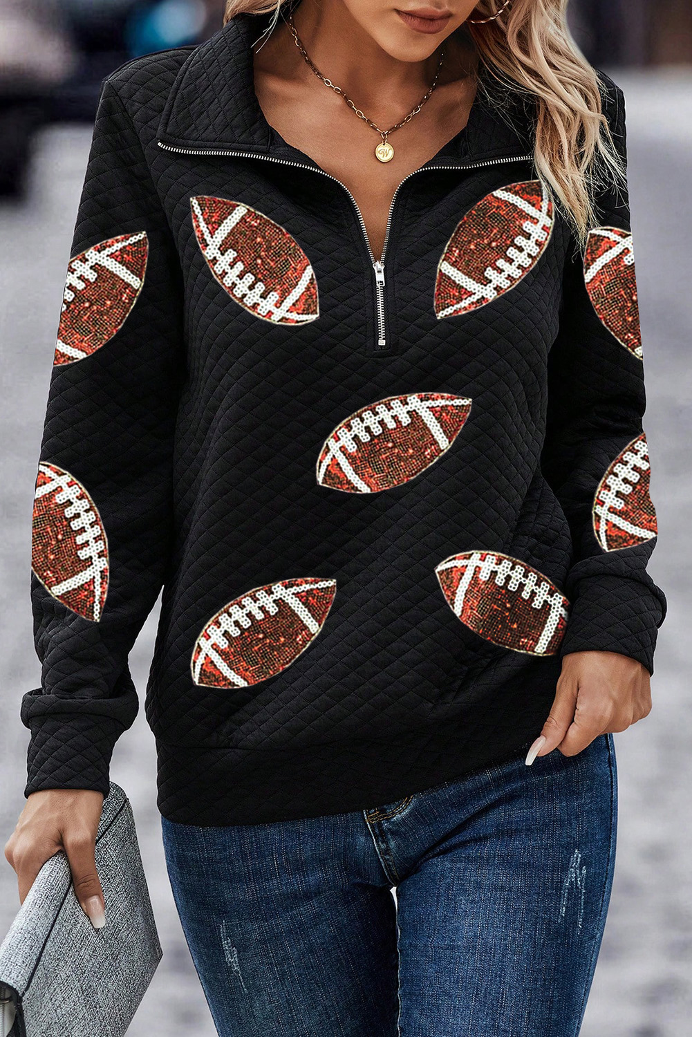 Black Sequin Rugby FOOTBALL Patched Quarter Zip Textured Sweatshirt