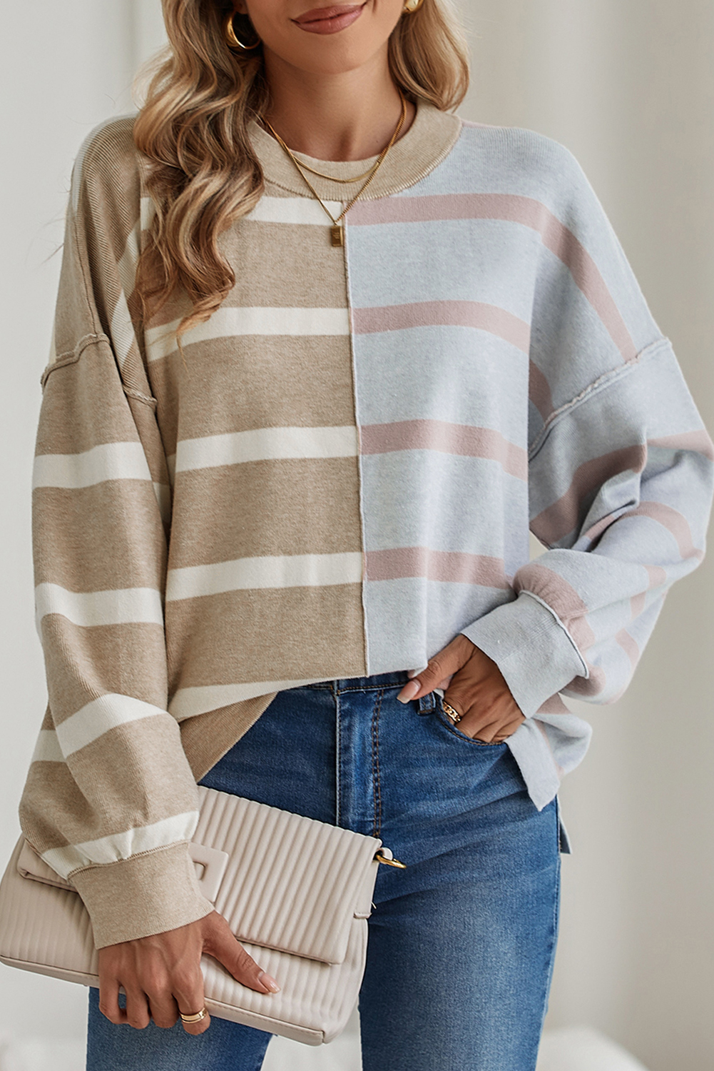 Shewin Wholesale Customized Khaki Stripe Exposed Seam Loose SWEATSHIRTs