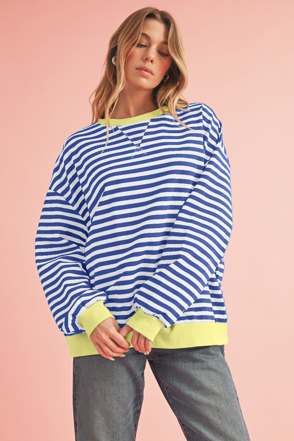 Shewin Dropshippers Blue Stripe Contrast Edge Cross Seam Oversized Pullover