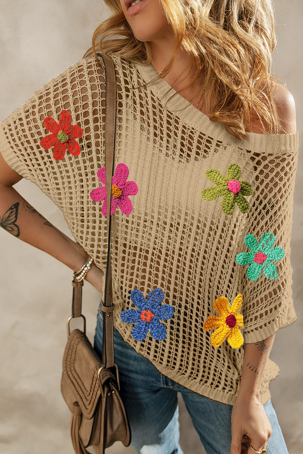 Light Beige Hollowed Crochet Colorful Flower Loose Knit T Shirt