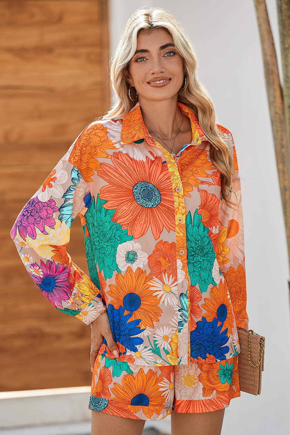 Shewin Wholesale Casual Orange Floral Print Lantern Sleeve Shirt & Drawstring SHORTS Set