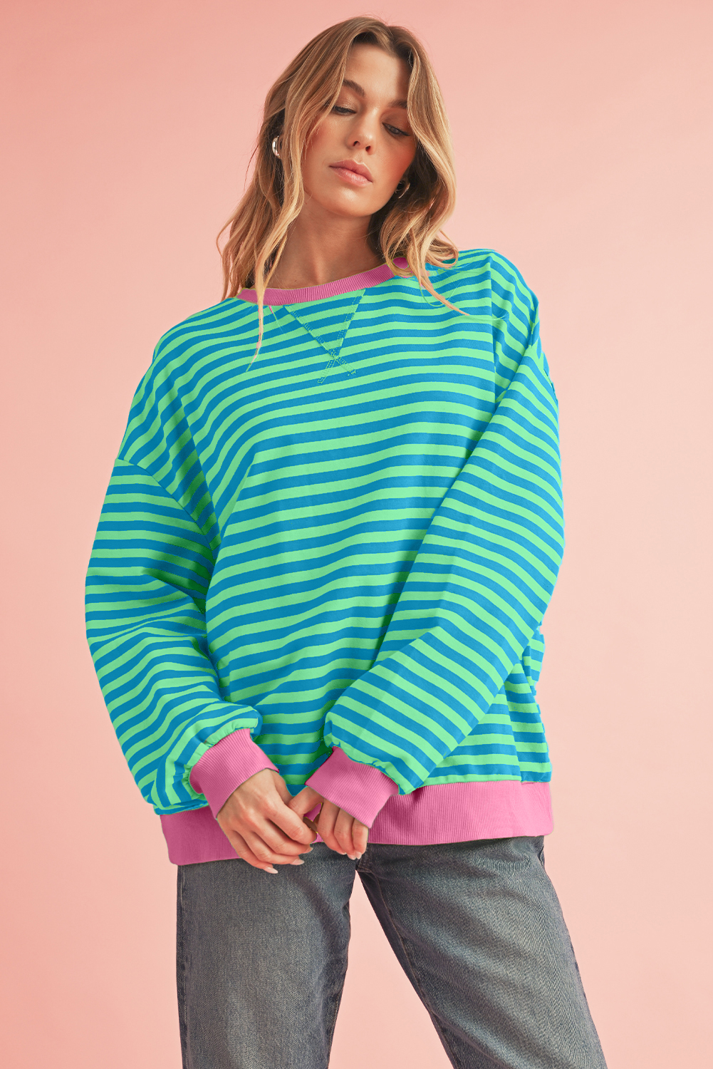 Shewin Dropshipping Sky Blue Stripe Contrast Edge Oversized Pullover