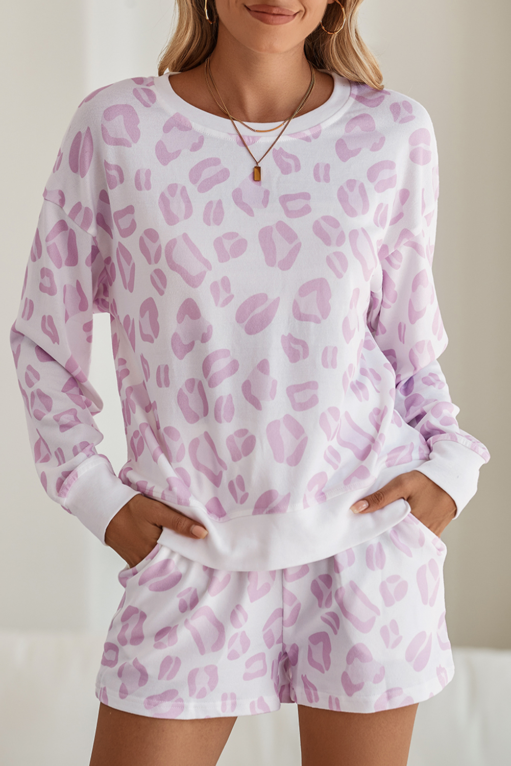 Shewin Wholesale New arrival Pink Leopard Print Pullover and SHORTS Pajama Set