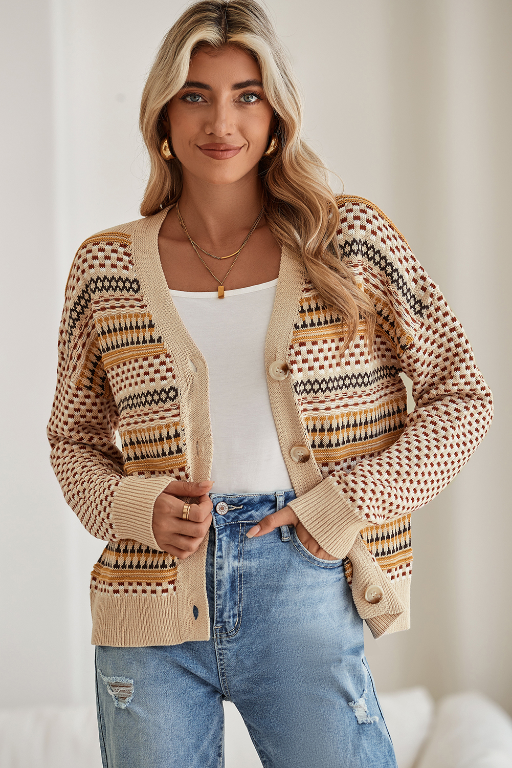 Shewin Wholesale Clothes Khaki Geometric Pattern Button Front V Neck Cropped CARDIGAN