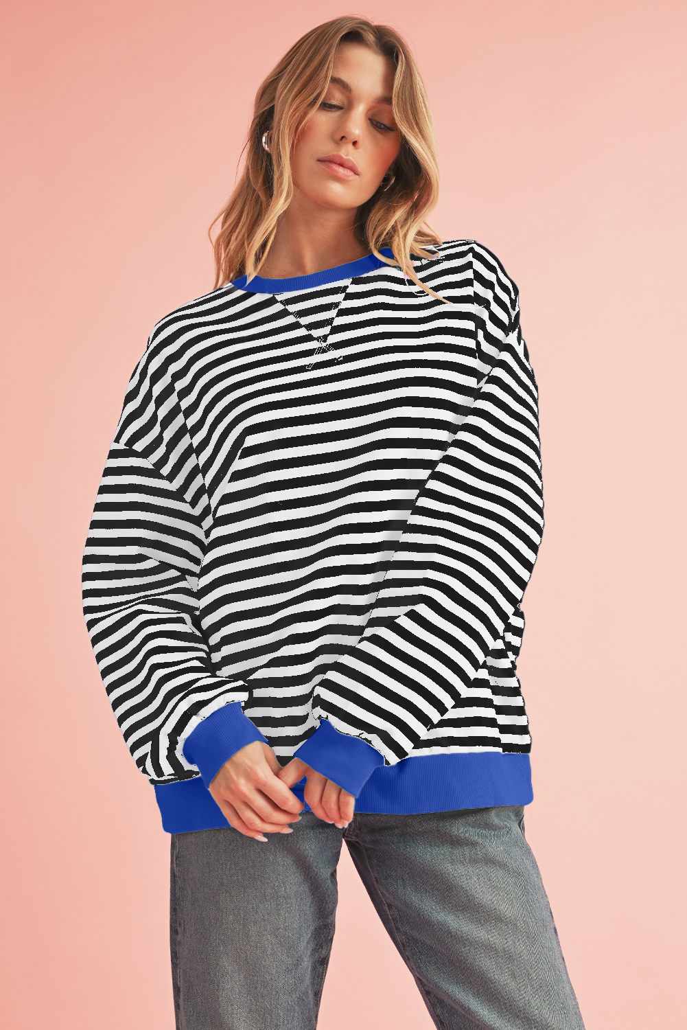 Shewin Wholesale Customized Black Stripe Contrast Edge Cross Seam Oversized SWEATSHIRT