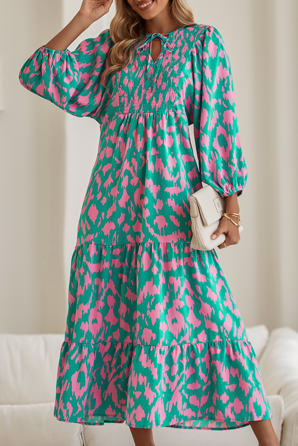 Shewin Wholesale Chic LADY Green Abstract Print Puff Sleeve Smocked V Neck Maxi Dress