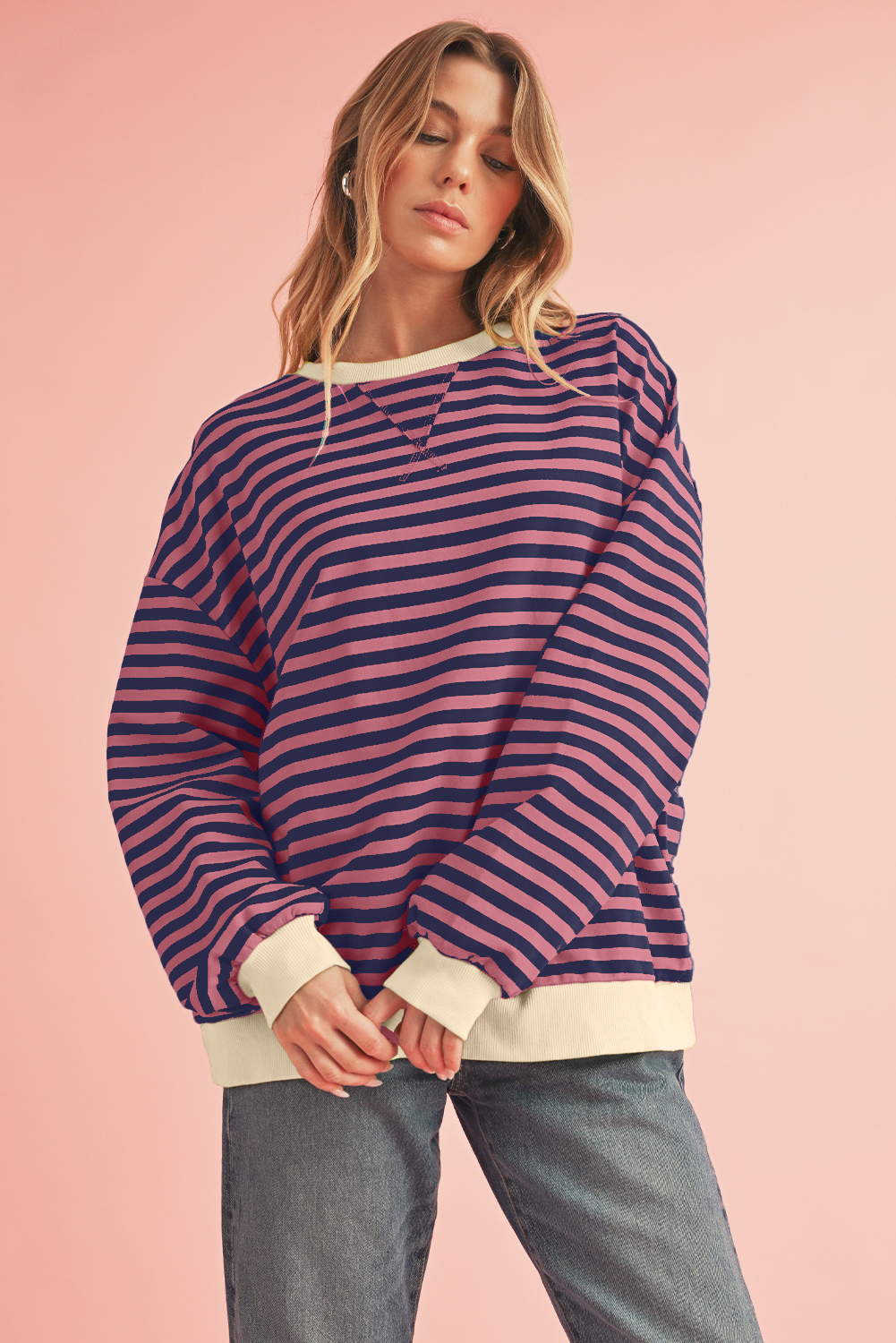 Shewin Wholesale Clothes Red Stripe Contrast Edge Oversized Pullover