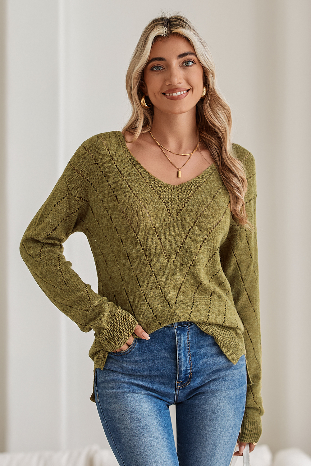 Sage Green Solid EYELET Drop Shoulder V Neck Sweater