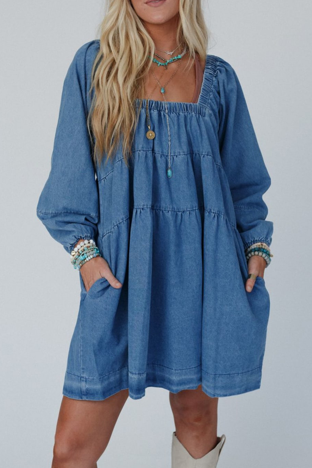 Dusk Blue Side Pockets Loose Fit DENIM Mini Dress