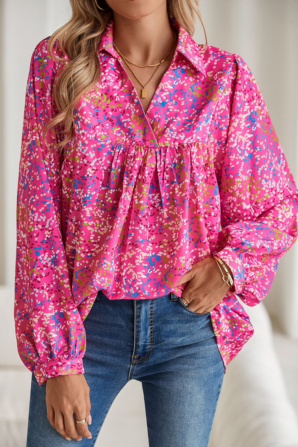 Shewin Dropshipping Bonbon Abstract Print Loose Fit Collared V Neck Babydoll Blouse