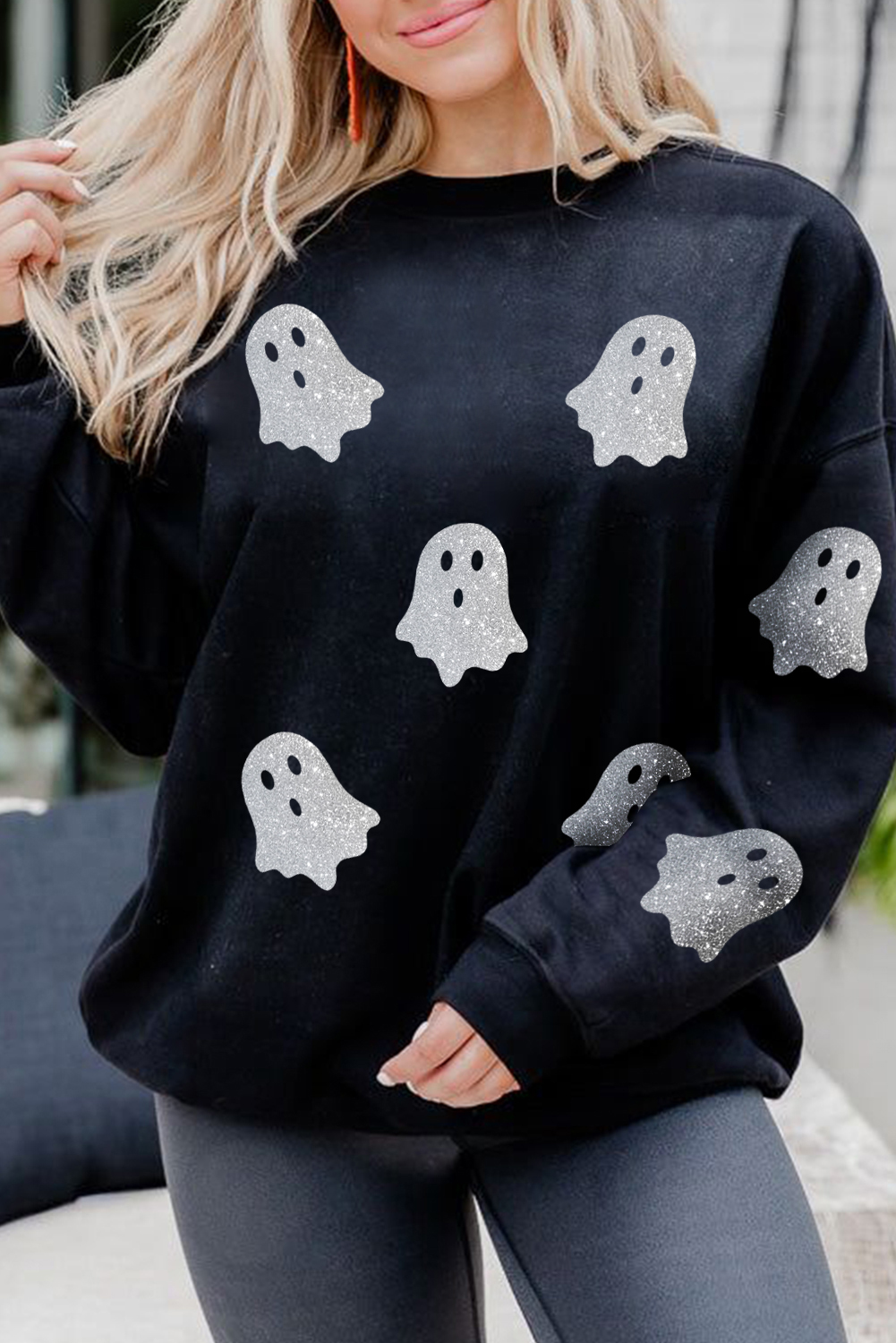 Shewin Wholesale Southern Black Glitter Ghost Pattern Crew Neck HALLOWEEN Sweatshirt