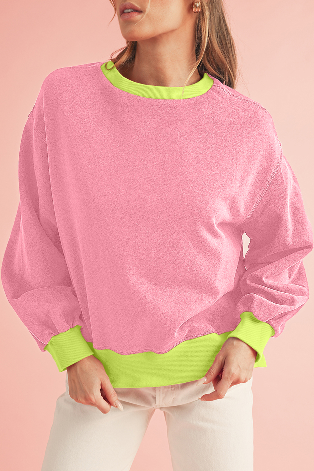 Pink Contrast Trim Bubble Sleeve Sweatshirt