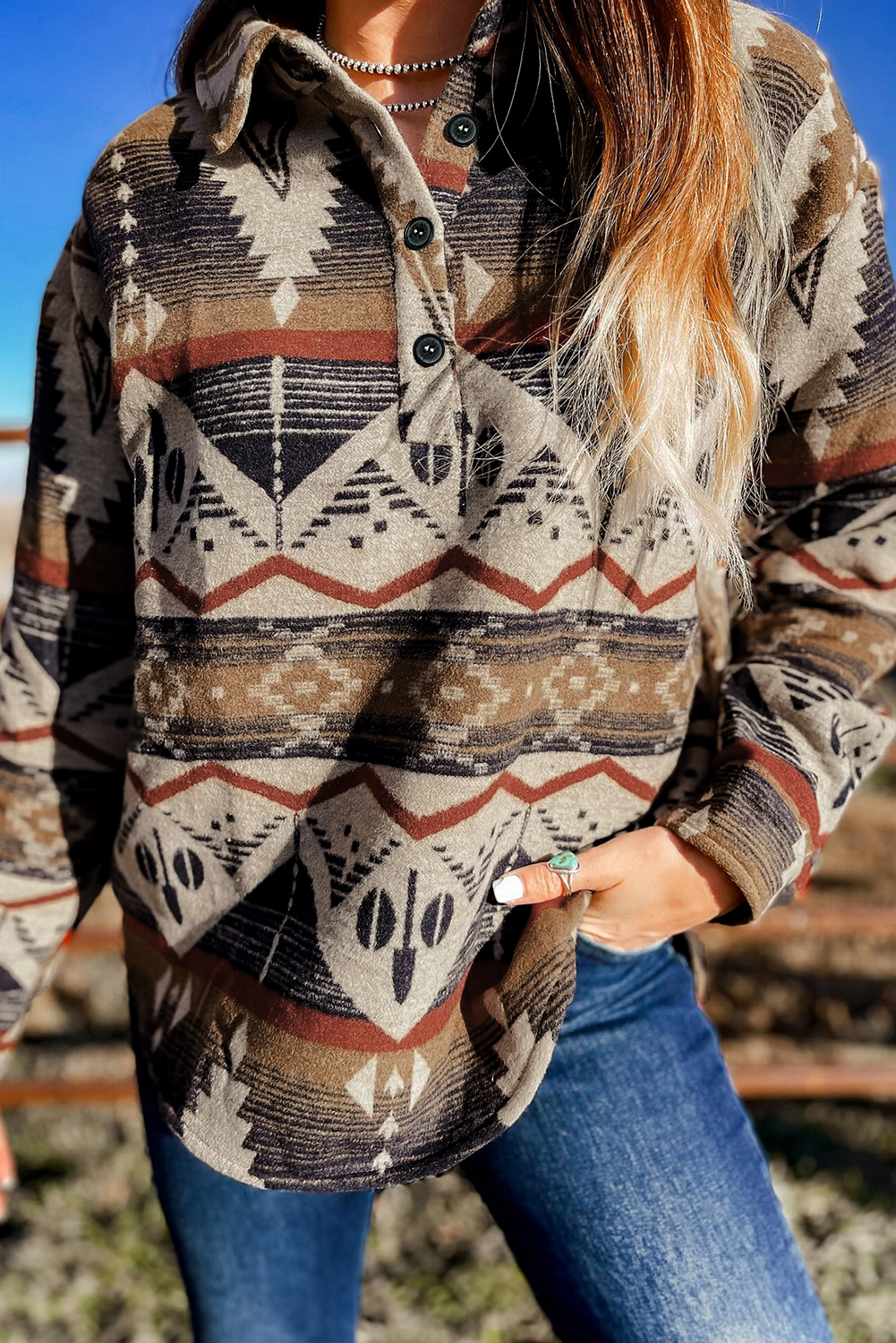 Brown Geometric Print Henley Collared Sweatshirt