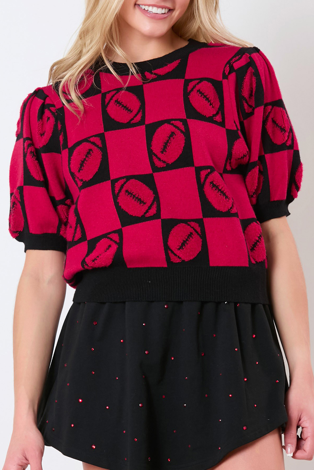 Shewin Wholesale Southern RED Rugby CheckeRED Color Block Puff Sleeve Knit Top