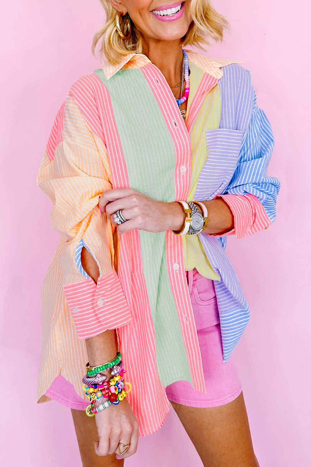 Shewin Wholesale Suppliers Pink Stripe Color Block Buttoned Oversized SHIRT