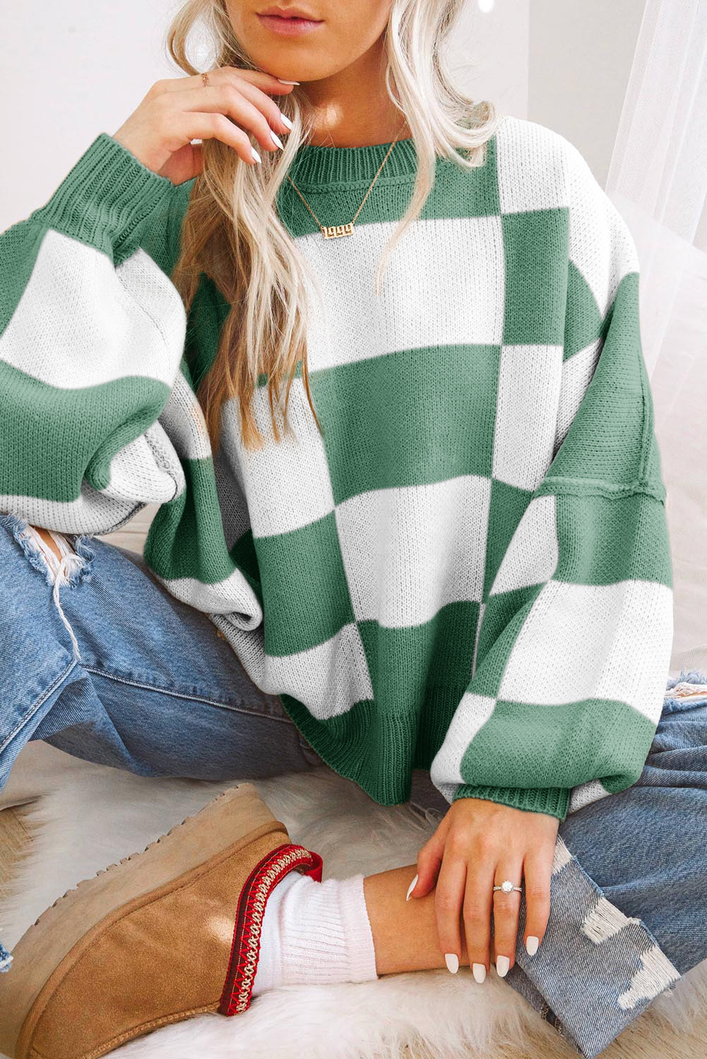 Shewin Dropshipping Green Checkered Bishop Sleeve Pullover SWEATER