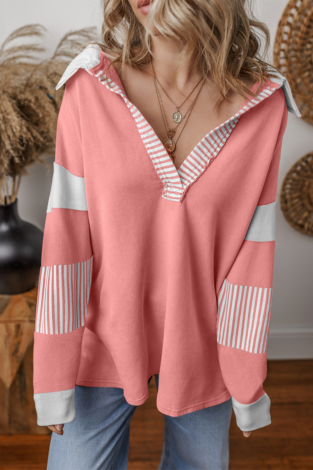 Shewin Wholesale 2024 Hot Pale Chestnut Striped Patchwork Collar Sweatshirt