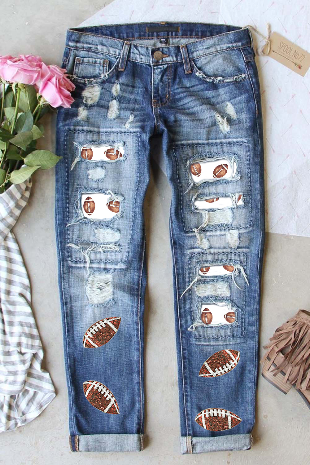 Shewin Wholesale Chic Female Sky Blue Sequin Rugby FOOTBALL Patchwork Distressed Straight Leg Jeans