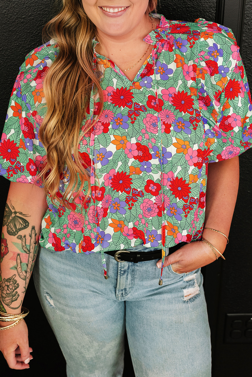 Multicolor Plus Size Floral Print Ruffle V Neck Bubble Sleeve Blouse