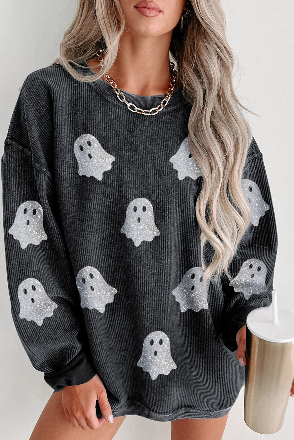 Black HALLOWEEN Ghost Corded Crew Neck Loose Sweatshirt