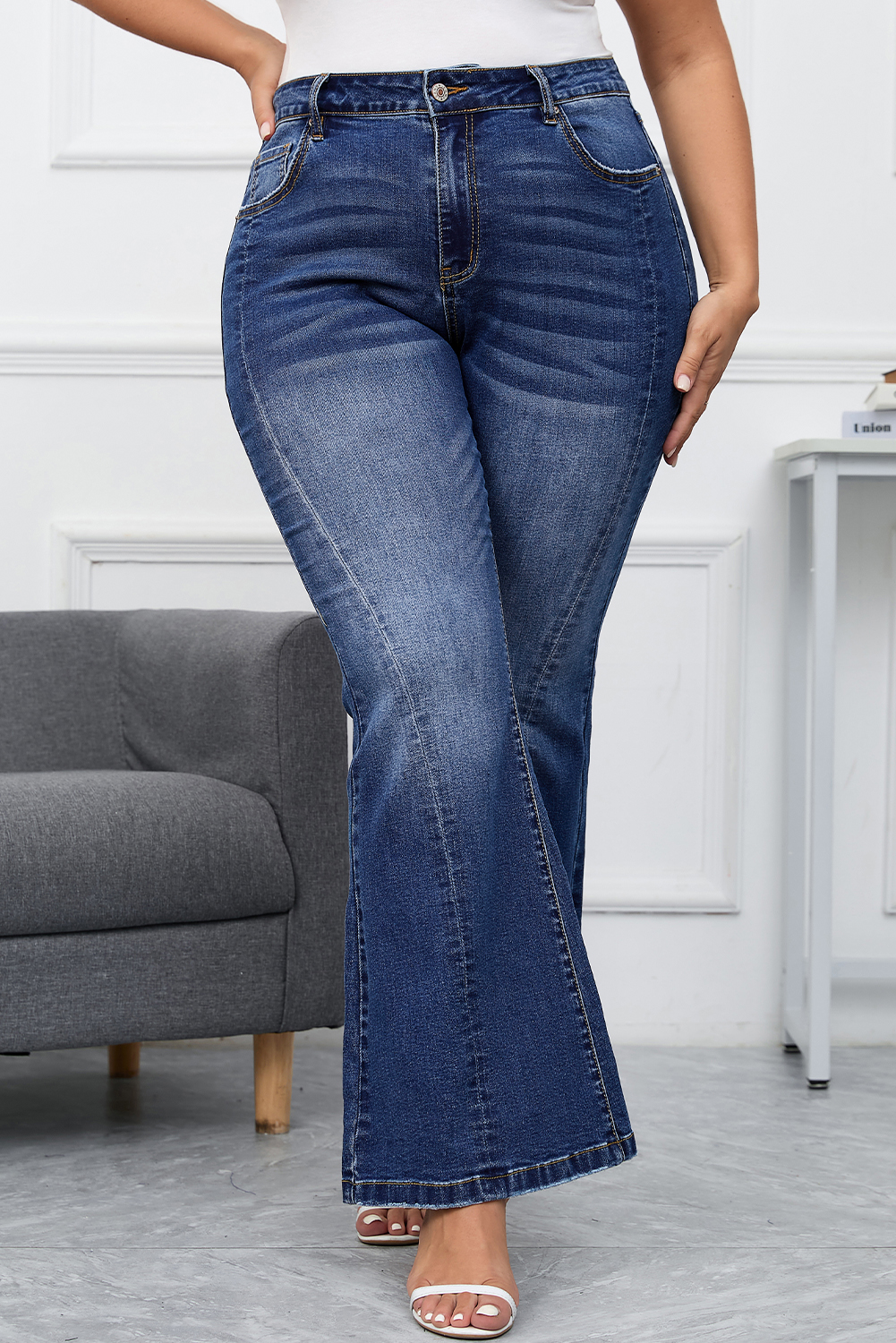 Dark Blue Plus Size Stitching Washed Flare JEANS