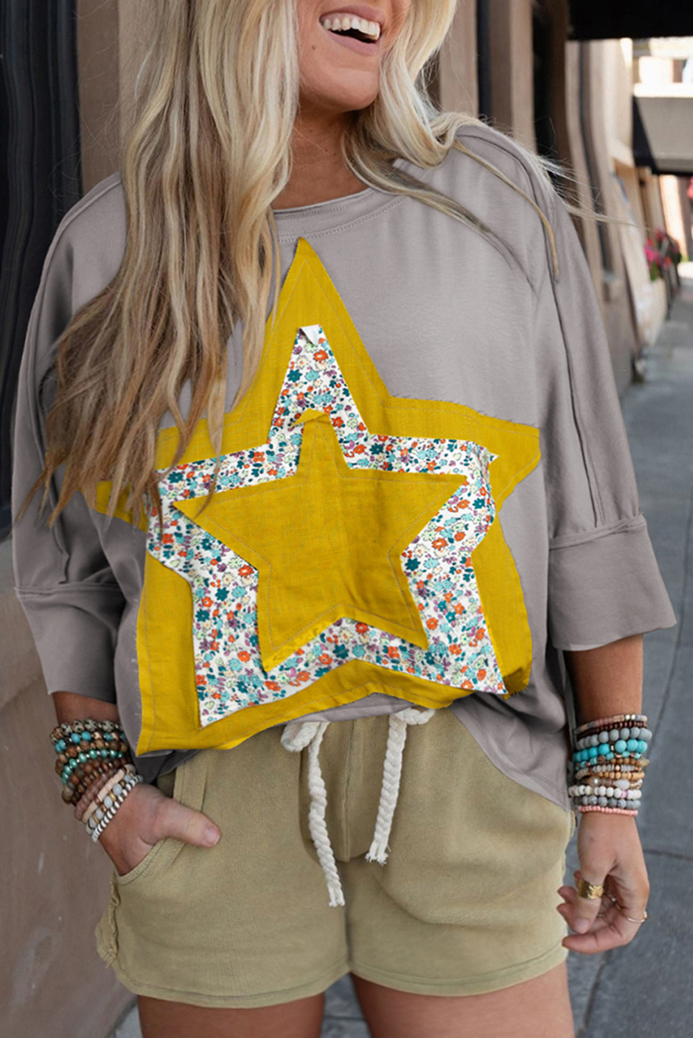ShEwin WholEsAlE Chic FEmAlE MEdium GrEy FlorAl STAR PAtchEd 3/4 SlEEvE Plus SizE Top