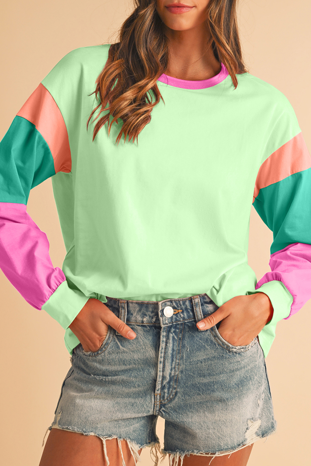 Shewin Dropshippers Green Color Block Sleeve Loose Fit Top