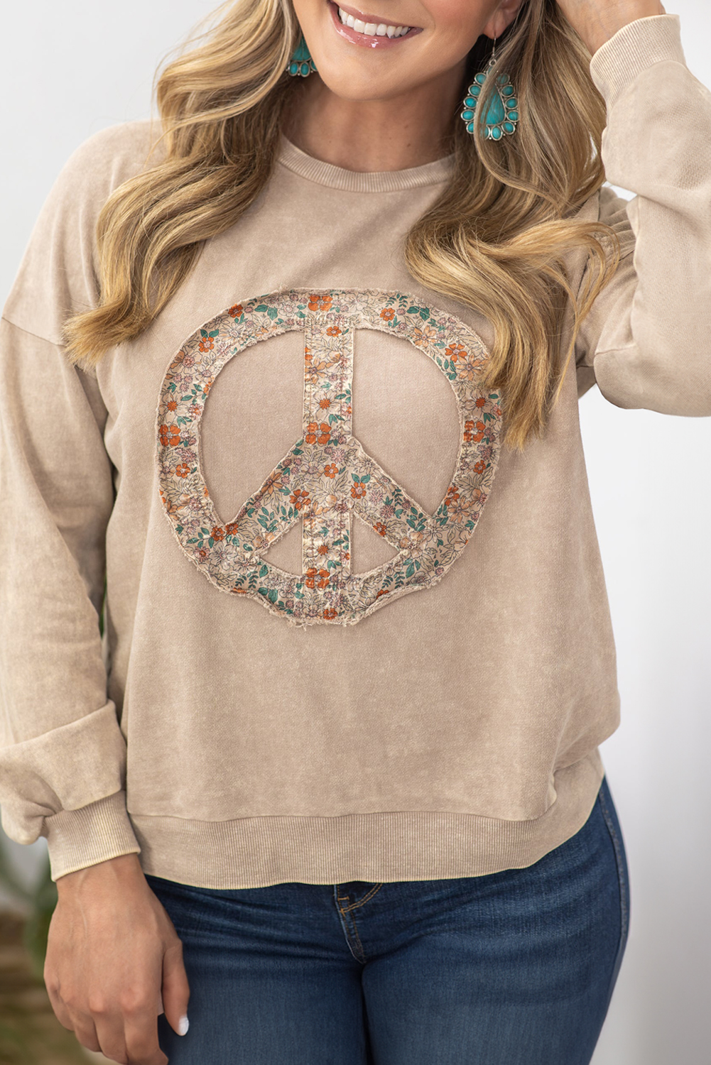 Shewin Wholesale Spring Pale Khaki Floral PEACE Graphic Washed Plus Size Sweatshirt