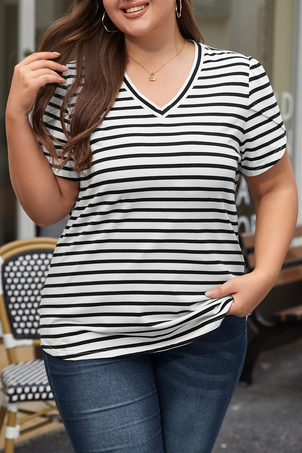 White Stripe V Neck Petal Sleeve Plus Size T-SHIRT