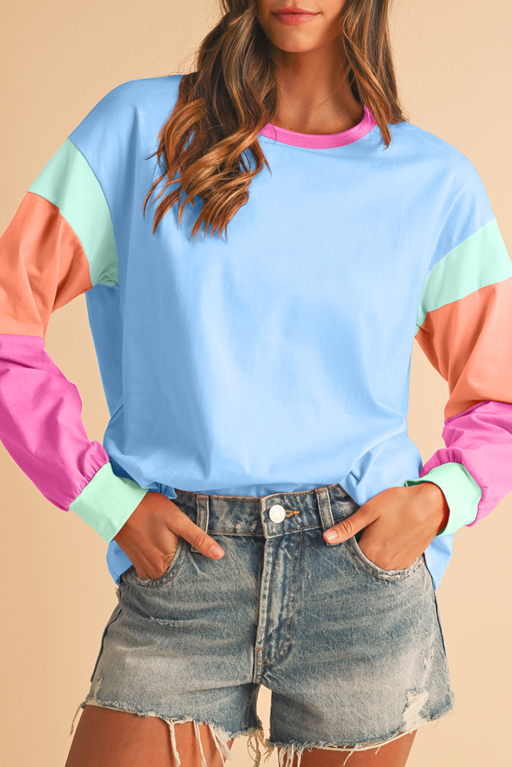 Shewin Dropshipping Dark Blue Color Block Sleeve Loose Fit TOP