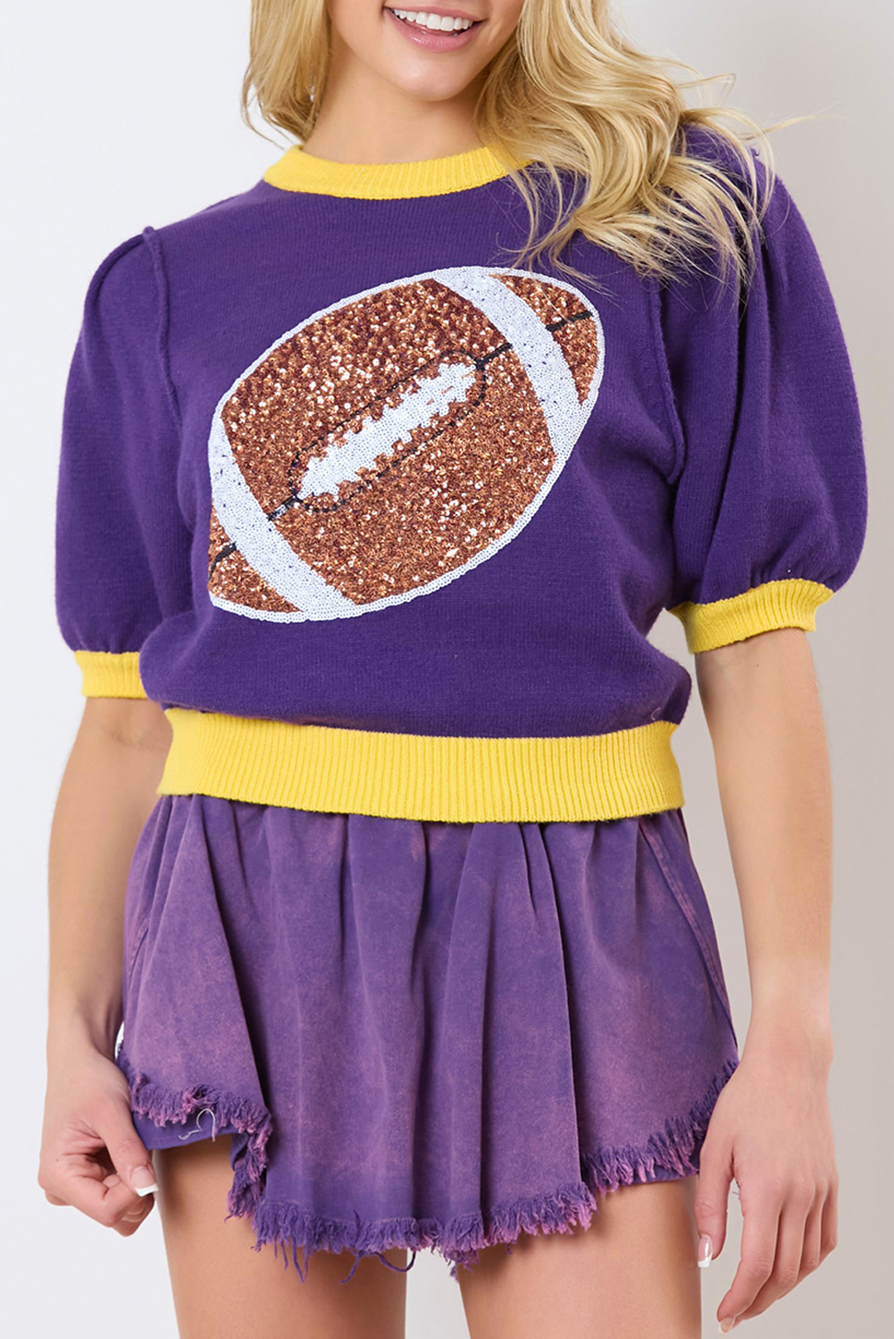 Shewin Wholesale Winter Purple SEQUIN Rugby Color Block Puff Sleeve Knit Top
