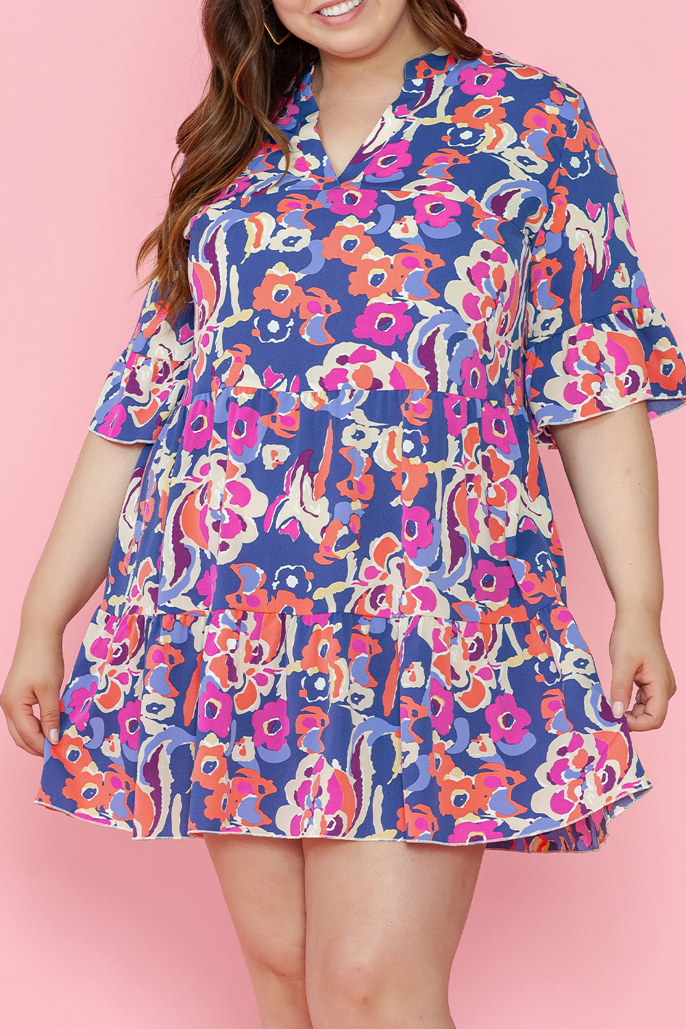 Blue Plus Size Floral Print BELL Sleeve Mini Dress