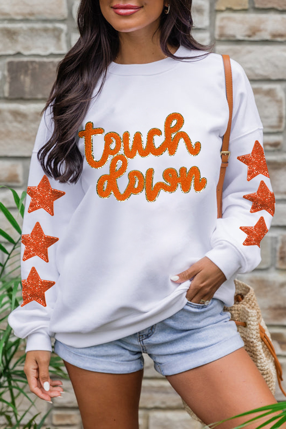 ShEwin WholEsAlE SuppliErs BEigE GlittEring Touch Down PAtchEd PAttErn STAR SlEEvE SwEAtshirt
