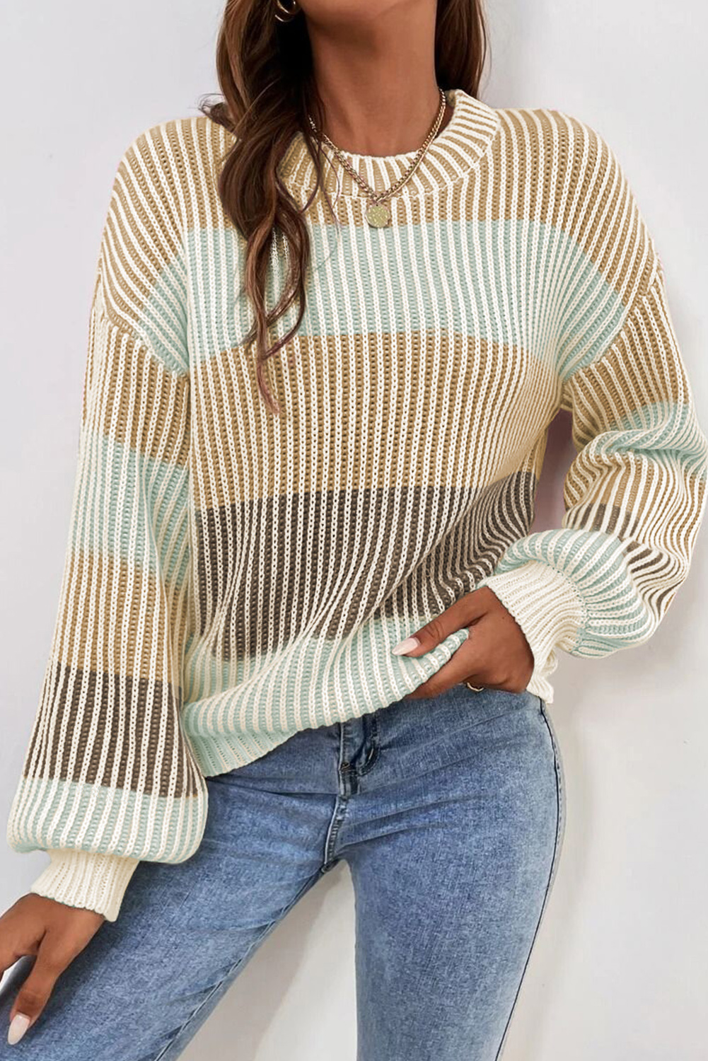 Shewin Wholesale Distributor Brown Colorblock Lantern Sleeve Rib Knitted SWEATER